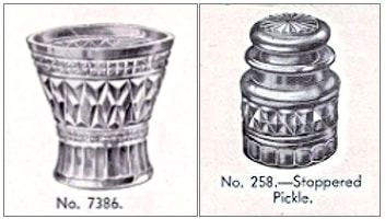 Table centre No. 7386 and right: pickle jar No. 258