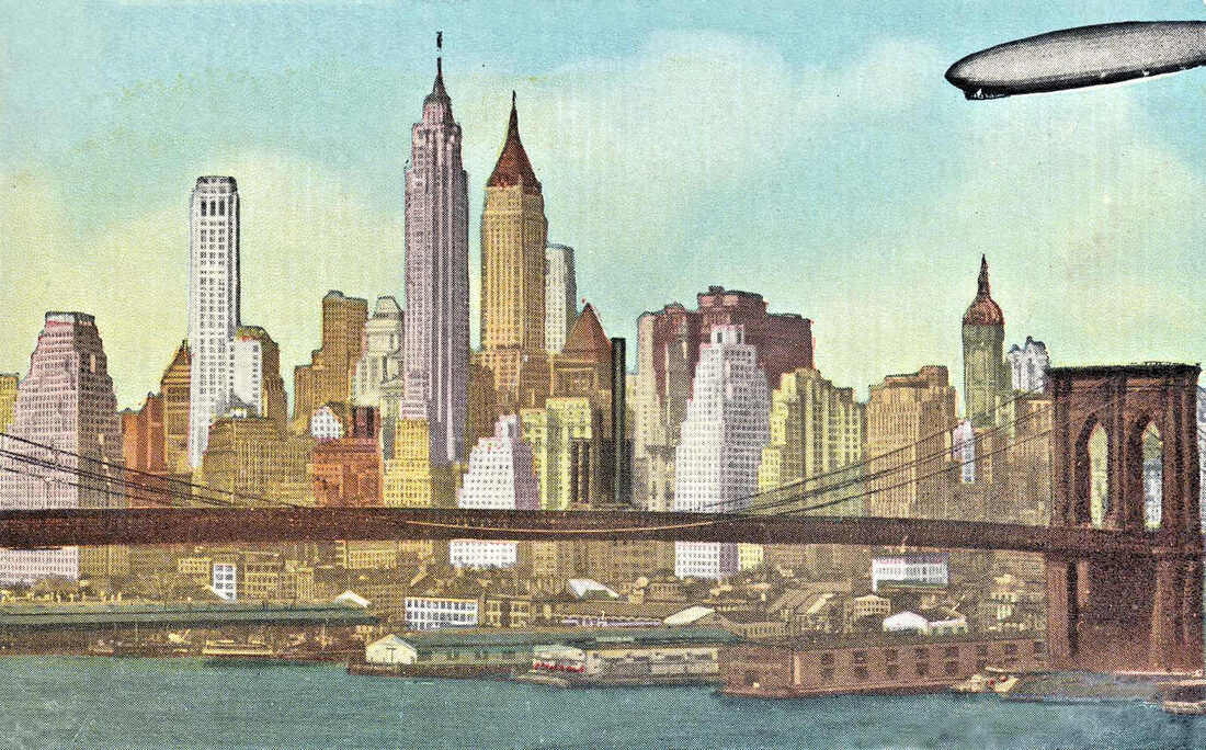 Blimp over the Brooklyn Bridge, New York