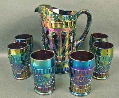 L.G. Wright God and Home Water Set Dark Carnival Glass Made by Mosser Glass  Pitcher and 6 Tumblers 